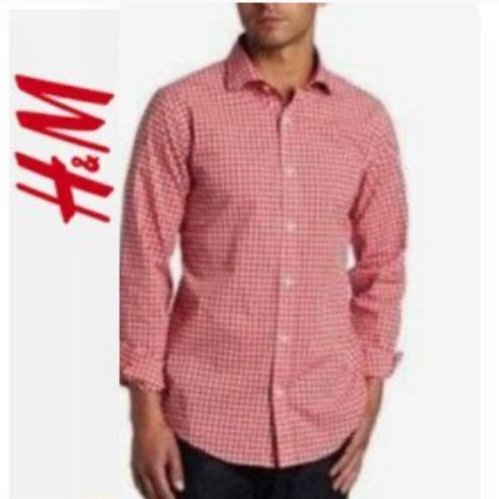 H&M RED Gingham Long Sleeve Shirt Size Large​​​​​​